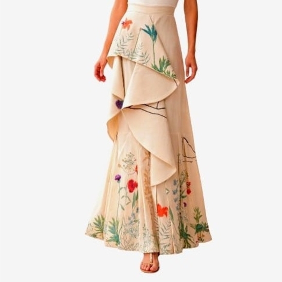 Johanna Ortiz Cream Floral Embroidered Botanical Maxi Skirt Art-inspired Luxury - Picture 11 of 17